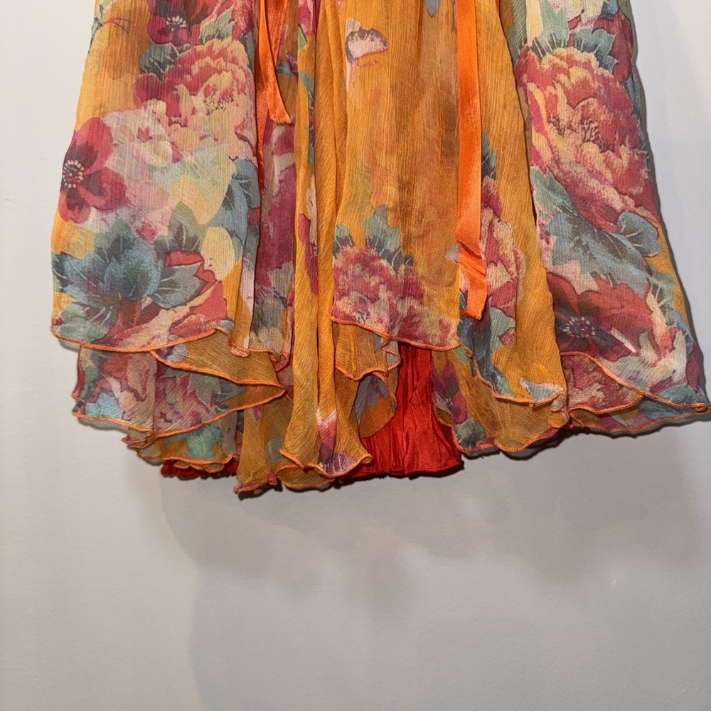 JOHNNY WAS 100% Silk Maxi Dress Sz S Orange Floral Tiered Lined Boho Ribbon Slip - Picture 2 of 16